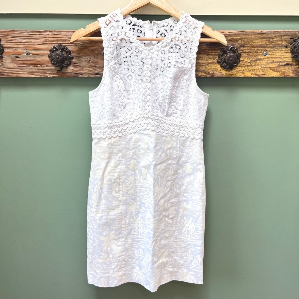 Lilly Pulitzer Leigh Stretch Shift Dress White Seacret Island Lace Size‎ 0 NWT